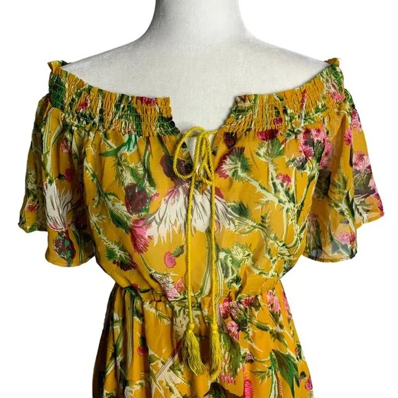 Boohoo Off the Shoulder Midi Dress 6 Yellow Floral High Low Hem Elastic Waist - Picture 2 of 7